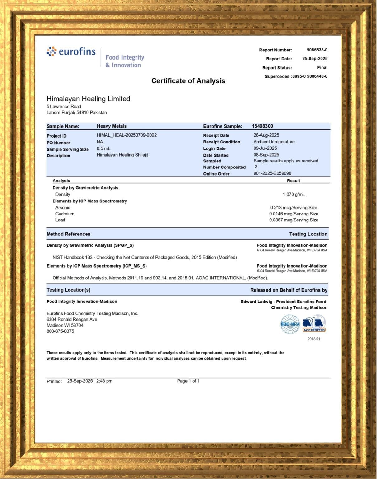 Eurofins certificate of analysis, report 5086533-0, sample 15498300, dated 25 September 2025