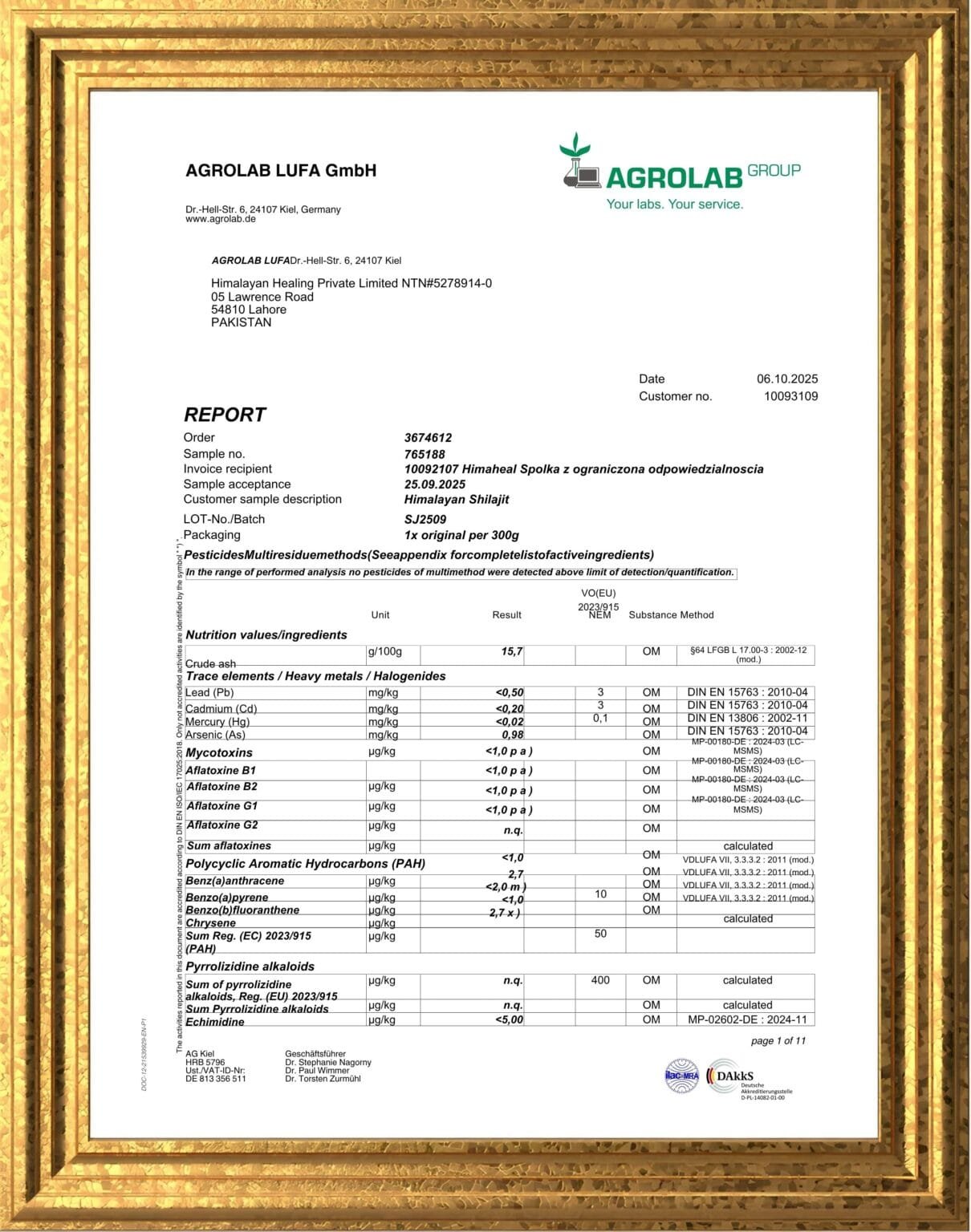 Page 1 of the AGROLAB LUFA test report, order 3674612, sample 765188, batch SJ2509, dated 6 October 2025