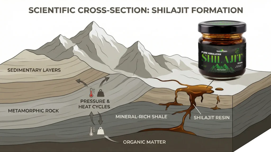 Scientific illustration of Himalayan rock layers showing natural formation of high-altitude shilajit through pressure and temperature cycles.