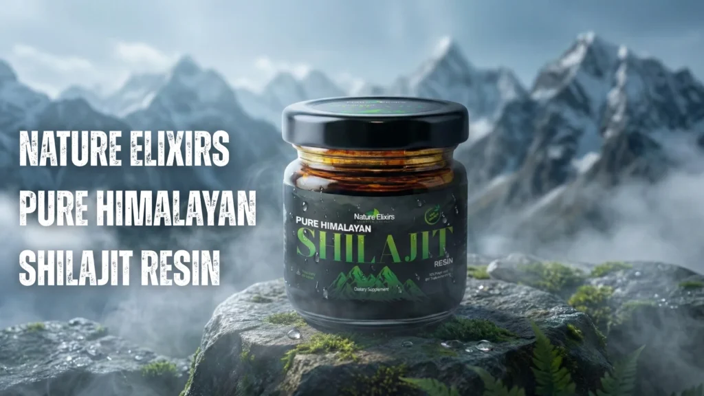 Nature Elixirs Pure Himalayan Shilajit resin jar displayed on natural stone, representing premium 18,000 ft high-altitude sourcing.