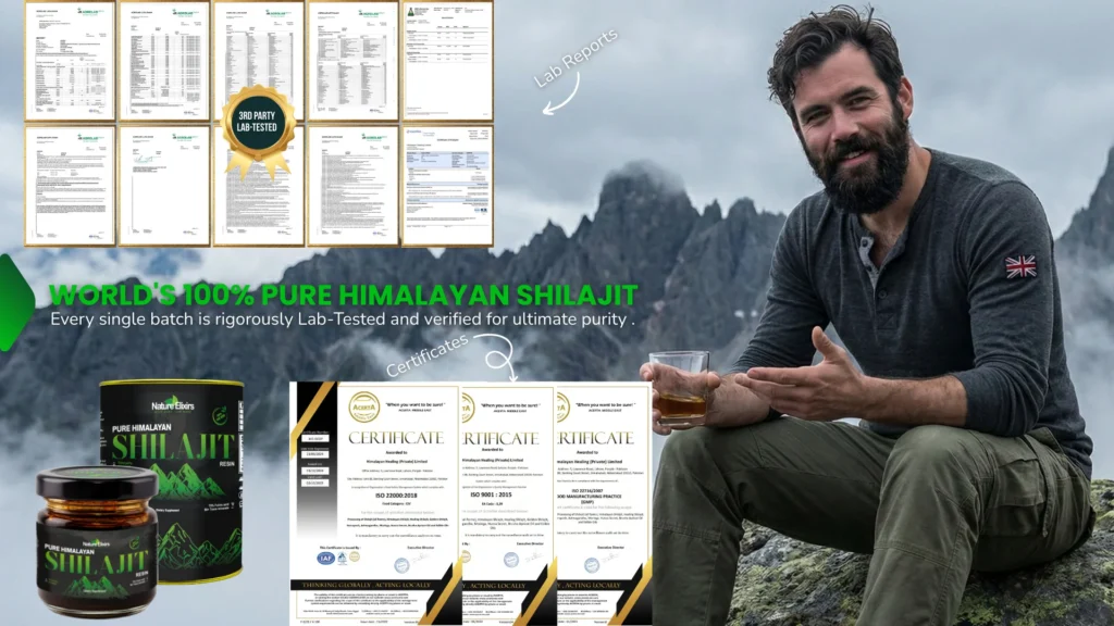 Uk Lab tested Pure Himalayan Shilajit Resin showing certificates and lab reports